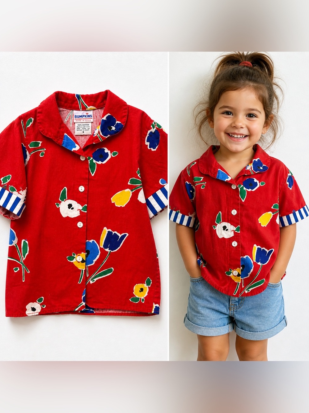 Vintage Bumpkins Floral Resort Kids Shirt Red Cotton USA Fits 3T 4T Tropical